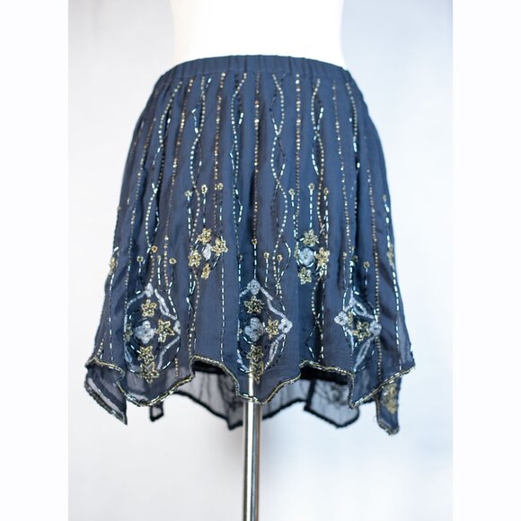 Free People Embellished Beaded Mini Skirt Navy Blue Chiffon Size S - Picture 1 of 9